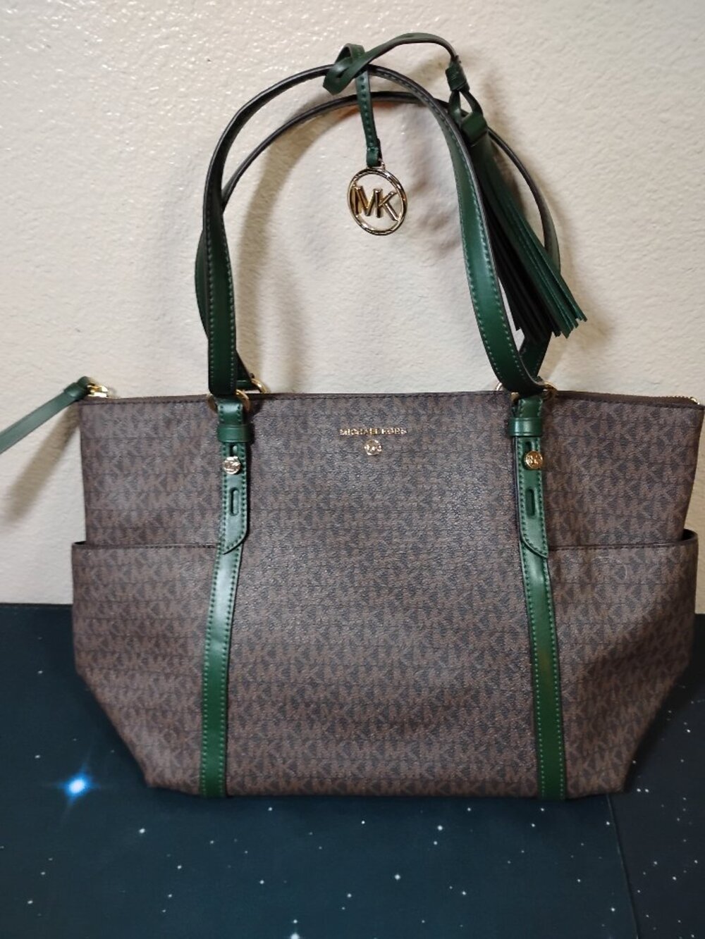 Michael Kors Signature Brown Green Leather Tote Shoulder Bag Purse Handbag MK